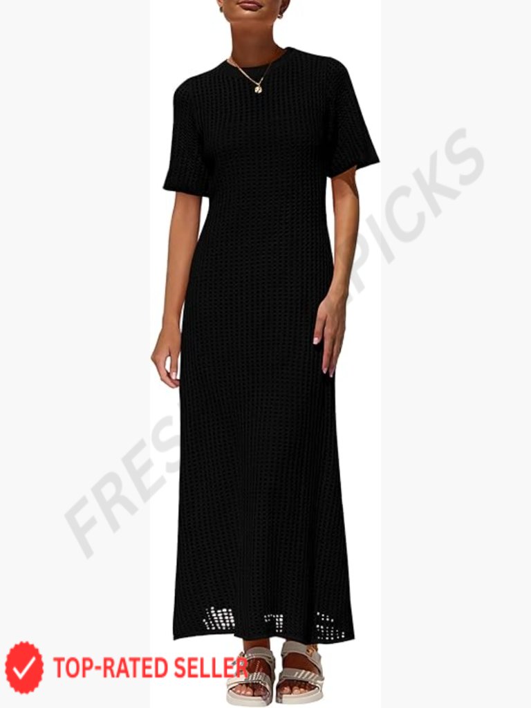 Eyelet Cover Up Maxi Dress Short Sleeve Hollow Out Beach Vacation Resort Two